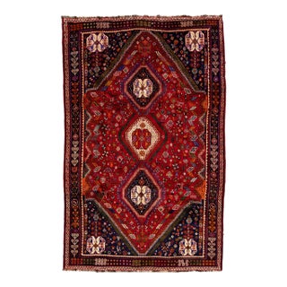Vintage Handmade Shiraz Red Multi Medallion Wool Rug 6'0" X 9'6" For Sale