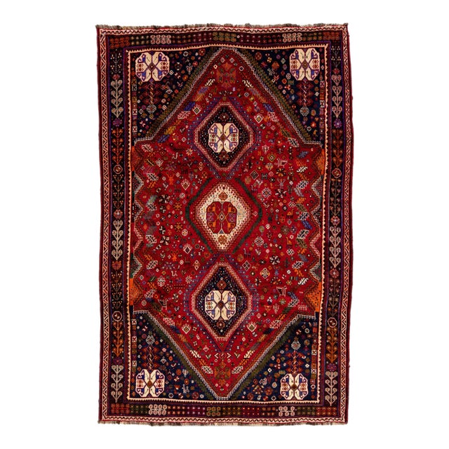 Vintage Handmade Shiraz Red Multi Medallion Wool Rug 6'0" X 9'6" For Sale