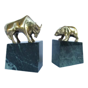 Vintage C.1970's Solid Brass Bear & Bull Wallstreet Bookends Mounted on Green Veined Marble Bases