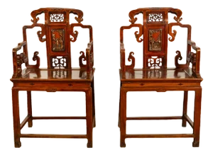 Pair Antique Ming Style Chinese Qing Carved Hardwood Gilt Lacquer Throne Chairs