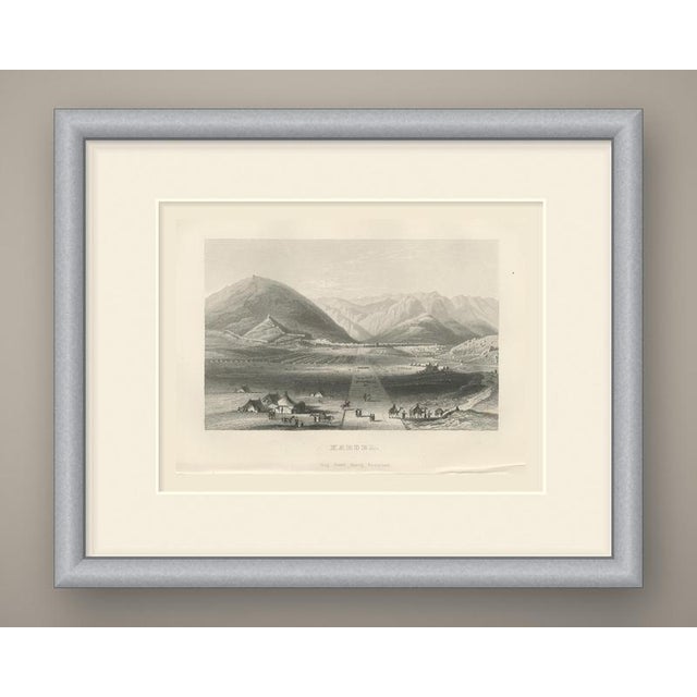 An original antique steel engraving, uncolored, titled "kaboel." the flat-roofed city spreads across the plain at the foot...