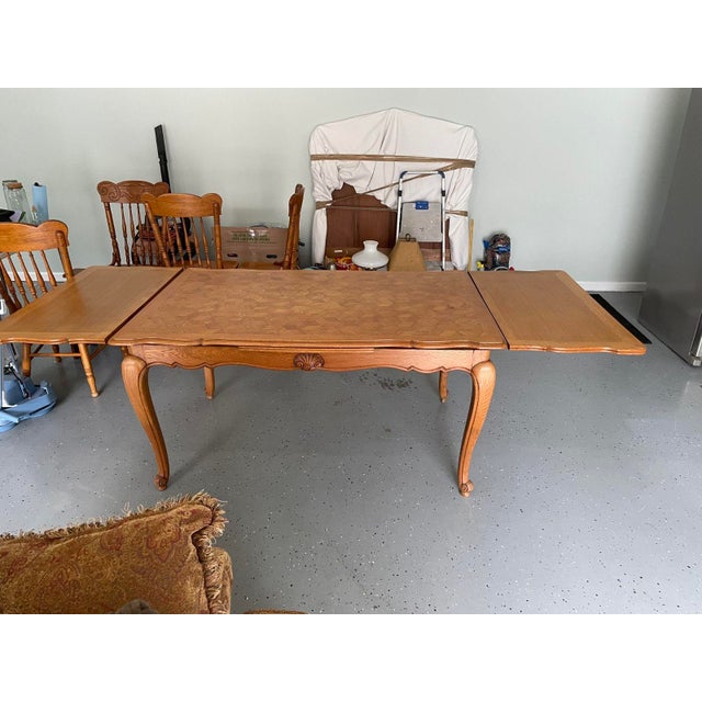 French Provincial Style Draw Leaf Dining Table With Oak Parquet Top With 6 Chairs For Sale - Image 4 of 8