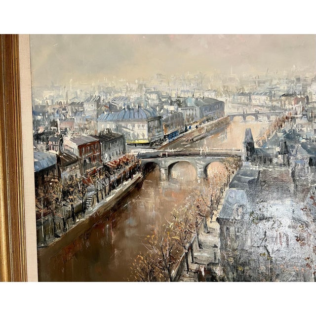 Lucien DelarueLarge French Oil Painting Paris, Seine River w Bridge, Landscape, Lucien Delarue, c.1950's For Sale - Image 11 of 12