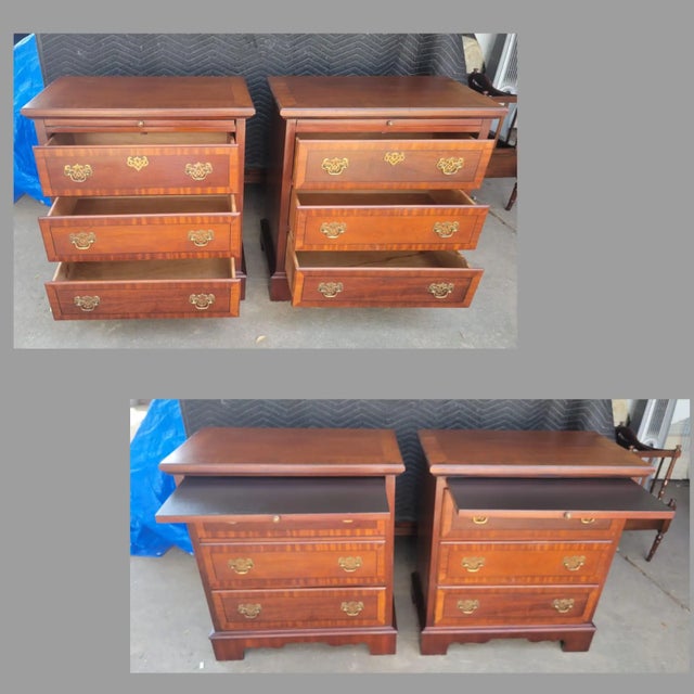 Vintage pair of Mahogany nightstands by Stanley Furniture from their Stoneleigh 60th anniversary commemorative collection.