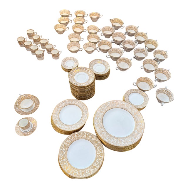 Late 20th Century Wedgwood Florentine Gold Dragon Dishes- 114 Pieces Service for 12 For Sale