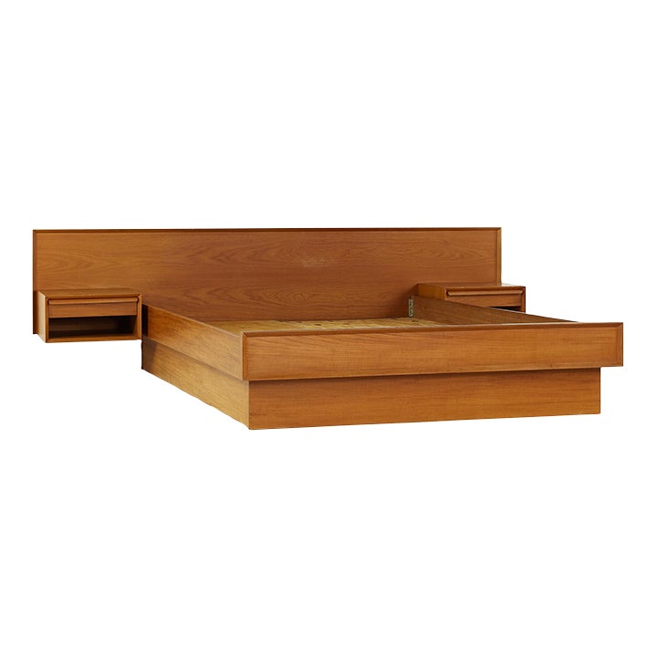 Jesper Mid Century Queen Teak Platform Bed With Floating Nightstands