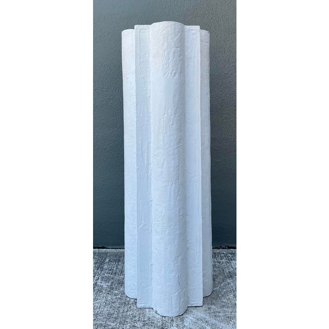 This striking vintage pedestal is a masterclass in Postmodern architectural form, featuring a unique cloverleaf or...