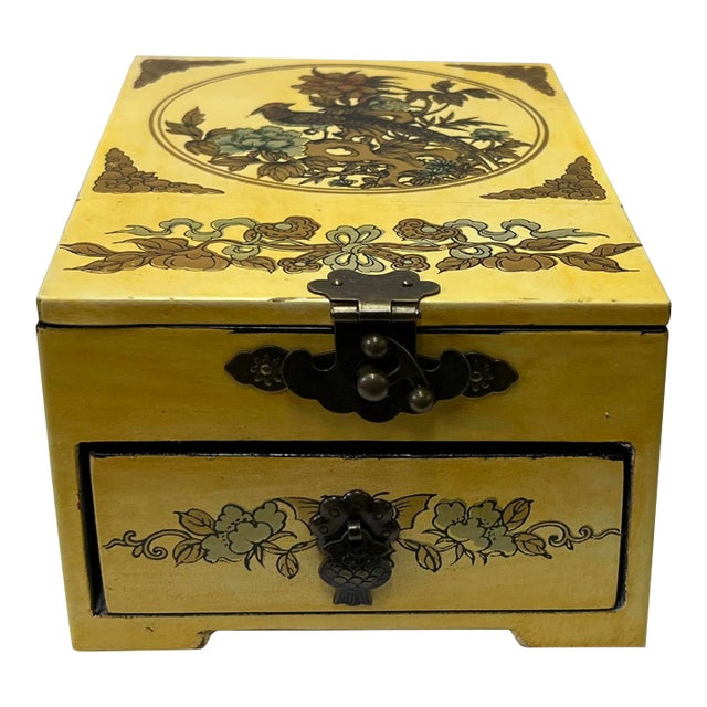 Small Chinese Oriental Yellow Flower Birds Mirror Jewelry Box For Sale