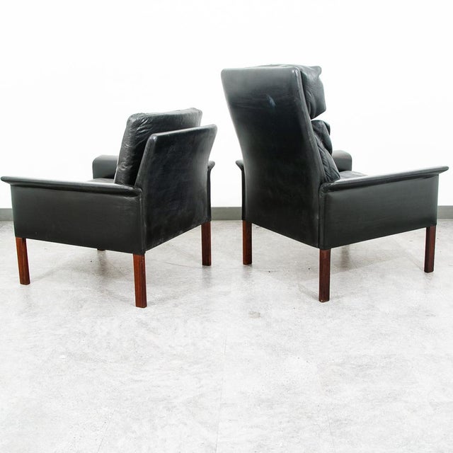 Mid Century Danish Modern Lounge Chair Set Leather Attributed to Hans Olsen Black Cs Glostrup For Sale - Image 4 of 12