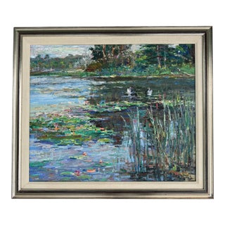 Lau Chun Water Lily Landscape Oil Painting on Canvas, Framed Impressionist Pond Scene For Sale