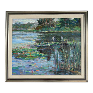 Lau Chun Water Lily Landscape Oil Painting on Canvas, Framed Impressionist Pond Scene