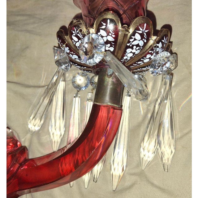 19th Century French Art Nouveau Red Art Glass/ Crystal Gilt Bronze Candle Wall Sconces Attrib. Baccarat True Left and Right Form For Sale - Image 15 of 18