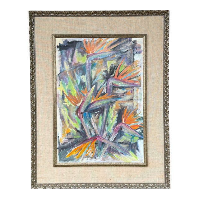 Expressionist Birds of Paradise Oil Painting Signed by Artist Spoonamore For Sale