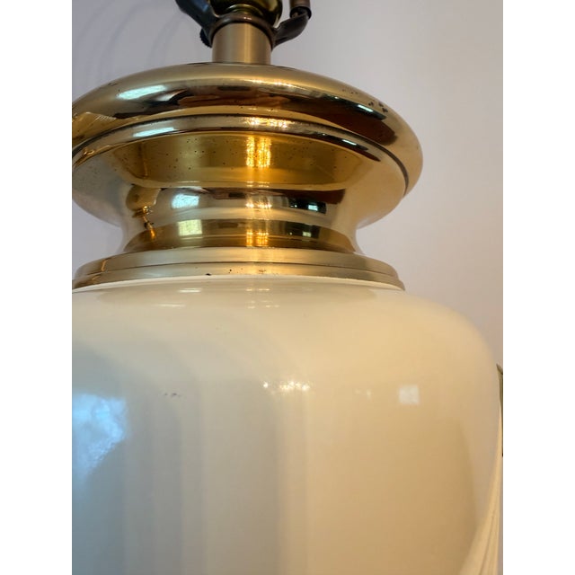 Vintage Hollywood Regency Brass & Cream Ceramic Drape Table Lamps - A Pair For Sale - Image 10 of 12