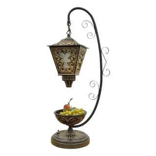 Vintage Italian Style Scrolling Metal Hanging Lantern Fruit Bowl Table Lamp For Sale