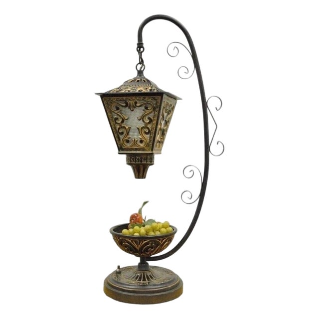 Vintage Italian Style Scrolling Metal Hanging Lantern Fruit Bowl Table Lamp For Sale