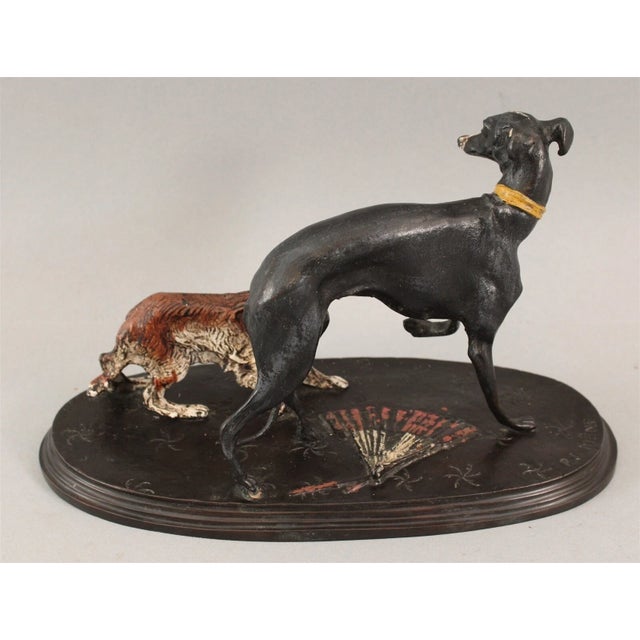 19thc French Signed p.j. Mene Cold Painted Bronze Sculpture of Whippet and King Charles Spaniel For Sale - Image 4 of 12
