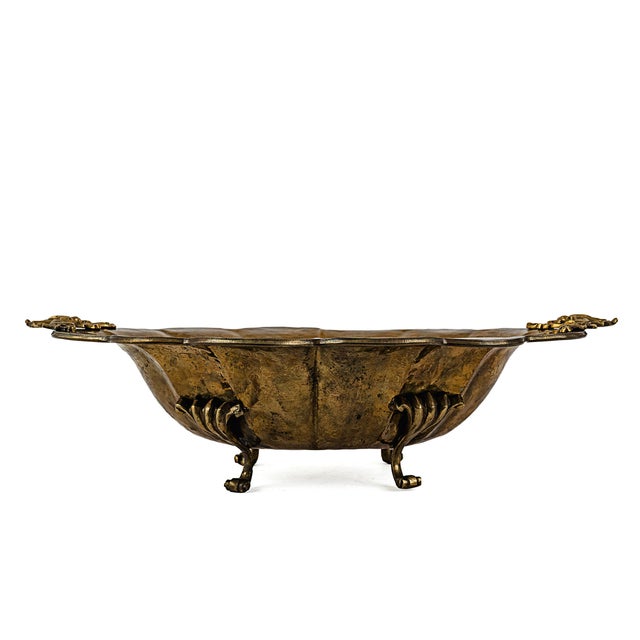Mid-Century Modern Vintage Antique Hammered Brass Rococo Revival Footed Bowl For Sale - Image 3 of 14