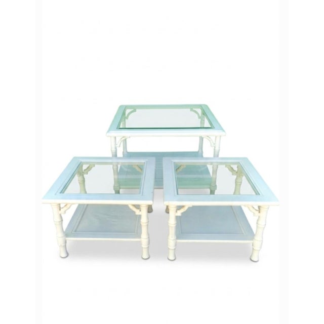 Mersman Vintage Mersman Faux Bamboo Cane Palm Beach White Glass Top Side Tables- a Pair For Sale - Image 4 of 11