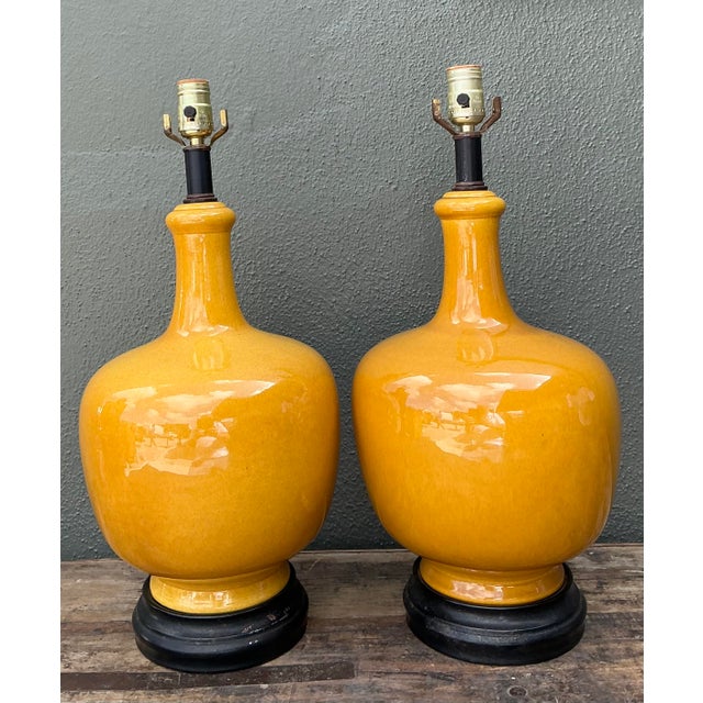 Mid-Century Modern Vintage Glazed Ceramic Lamps - A Pair For Sale - Image 3 of 12