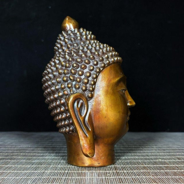 1980s Solid Brass Shakyamuni Buddha Head Statue, Buddhist Religious Decor For Sale - Image 5 of 9