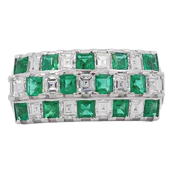 2 Carat Asscher Cut Emerald & Diamond Checkerboard Statement Ring For Sale
