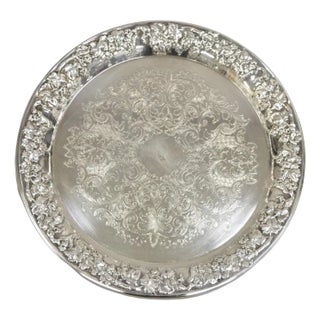 Vintage Victorian Style Floral Repousse Silver Plated Round Platter For Sale
