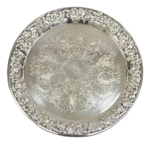 Vintage Victorian Style Floral Repousse Silver Plated Round Platter