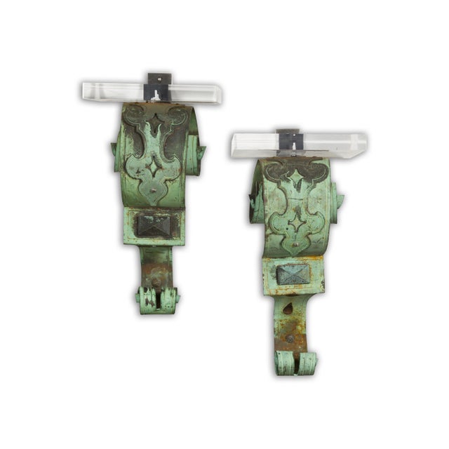 19th Century 19th Century English Bronze Verdigris Wall Brackets with Lucite Tops, a Pair For Sale - Image 5 of 12