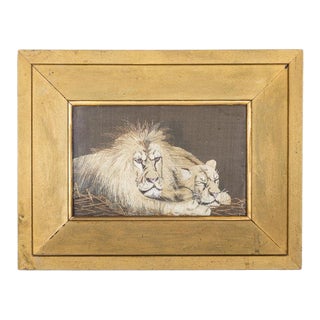 Vintage Gold Lion Art | Framed Silk Embroidery For Sale