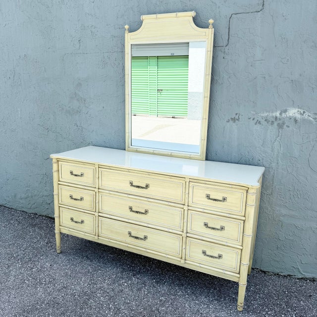 Mirror: 27.27”w, 1.25”d, 40.75”h A classic coastal bedroom dresser and mirror by Henry Link, showcasing the brand’s...