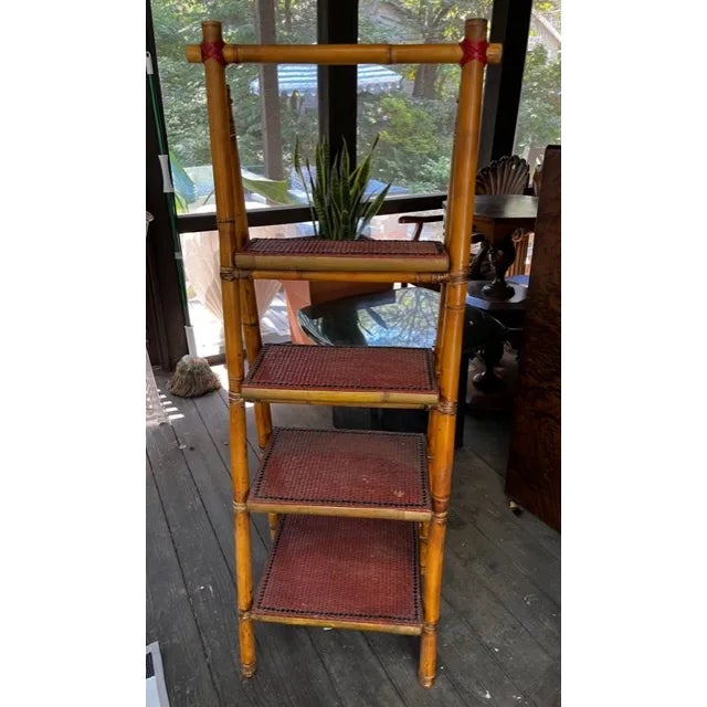 Wood Bamboo and Rattan Folding Four Step Tier MCM Bookcase or Display Shelf For Sale - Image 7 of 8
