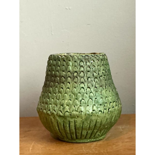 Mid-Century Modern Vintage Green Textured Ceramic Vase For Sale - Image 3 of 12