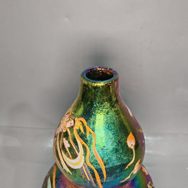 Mid 20th Century Iridescent Gourd Vase With Figural Motif | Colorful Ceramic Home Decor For Sale - Image 5 of 9