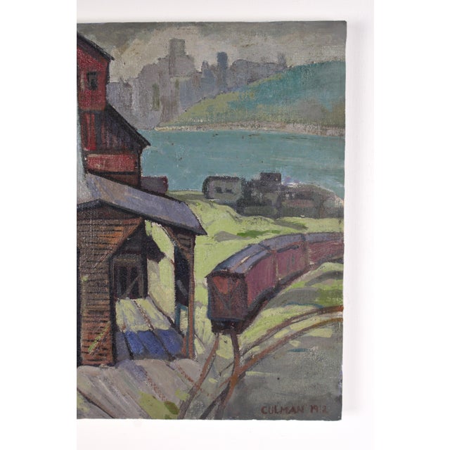 Antique Wpa 1912 Oil Painting of Shipping Yard by Frank Culman For Sale In Chicago - Image 6 of 9