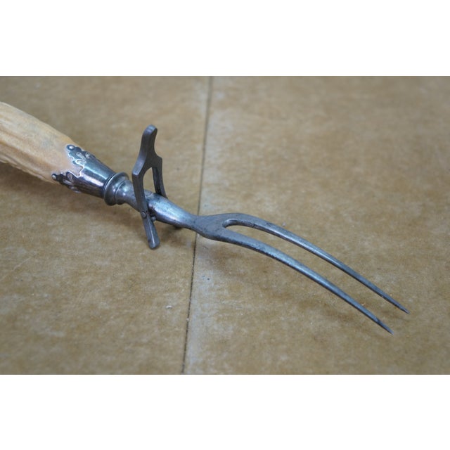 Antique Sterling Silver Antler Stag Horn Cows Head Fork & Knife Meat Carving Set 15" For Sale - Image 9 of 16