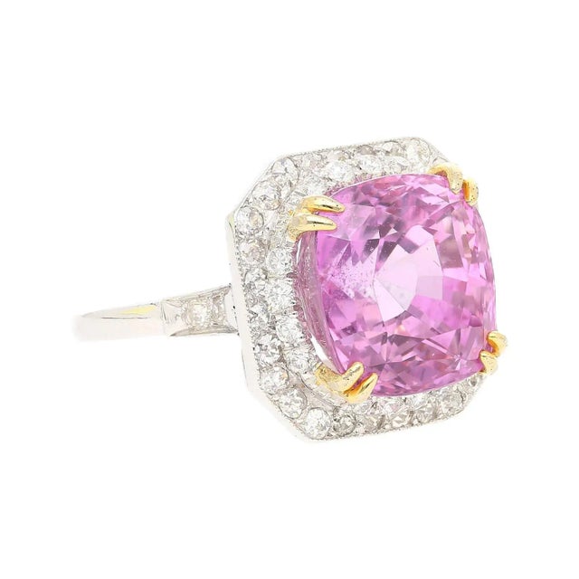 Art Deco AGL Certified 10.88 Carat Cushion Cut Pink Sapphire & Diamond Halo Ring, Size 6 For Sale - Image 3 of 5