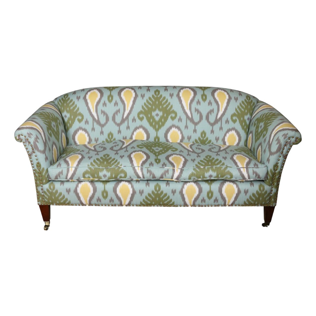 Vintage English Roll Arm Upholstered Settee in Blue & Green Ikat With ...