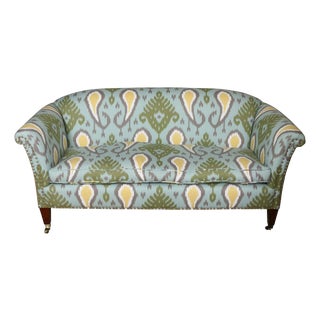 Vintage English Roll Arm Upholstered Settee in Blue & Green Ikat With Nailhead Trim For Sale