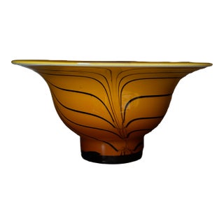 Vintage Amber Art Glass Bowl With Black Swirl Detailing For Sale