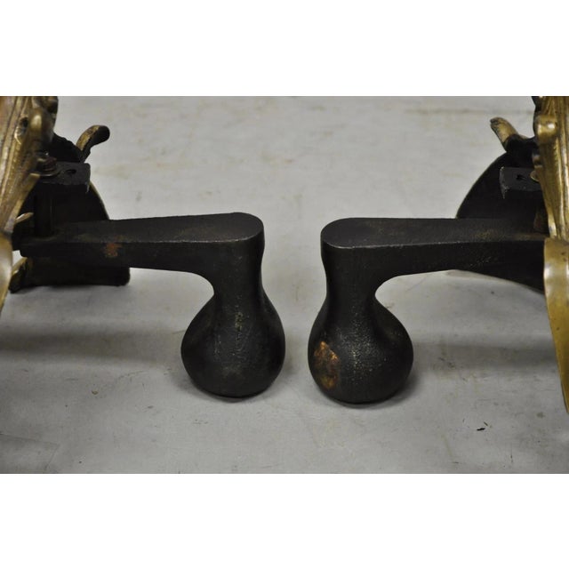 Gold Vintage French Rococo Bronze Acanthus Leafy Scroll Fireplace Andirons - A Pair For Sale - Image 8 of 11