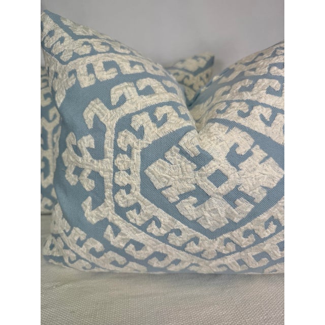 Custom pair of 16"x20" pillows covered in Schumacher "Omar Embroidery" in color sky. These pillows are knife edged, have...