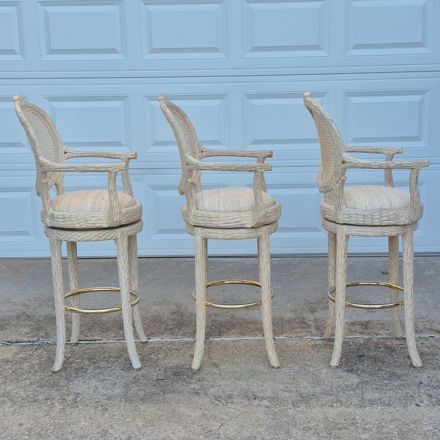 1990s Hollywood Regency Carved Faux Bois Cane Back Swivel Bar Stools With Arms, Set of 3 For Sale - Image 9 of 17