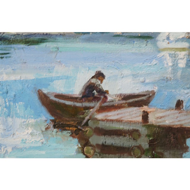 20th Century Impressionist Oil on Canvas Dockside Seascape Painting Framed 40" For Sale - Image 6 of 11