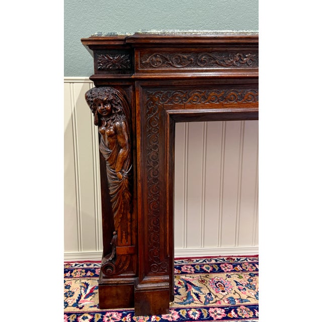 Antique French Fireplace Mantel Surround Marble Top Renaissance Revival Oak 19c For Sale - Image 17 of 18