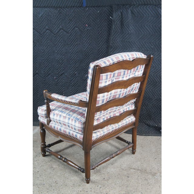 White Late 20th Century 2 French Country Walnut Plaid Fauteuil Nailhead Ladderback Club Lounge Armchairs For Sale - Image 8 of 12