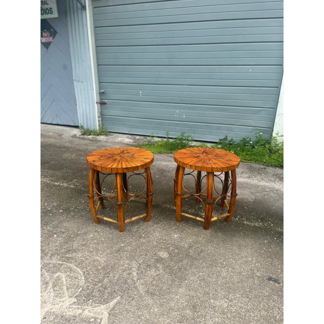 Late 20th Century Rattan and Bamboo Pair of Barrel Side Tables With Inset Star Top For Sale - Image 4 of 12