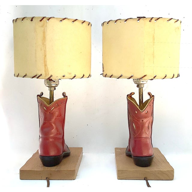 Mid-Century Children's Cowboy Boot Lamps W/Hand Painted Shades / Pair For Sale - Image 9 of 10