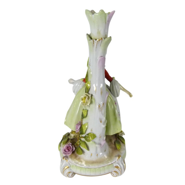 Ceramic Antique Von Schierholz German Porcelain Courtly Lady Figural Candlestick With Applied Roses and Leaves . Dresden Style For Sale - Image 7 of 16