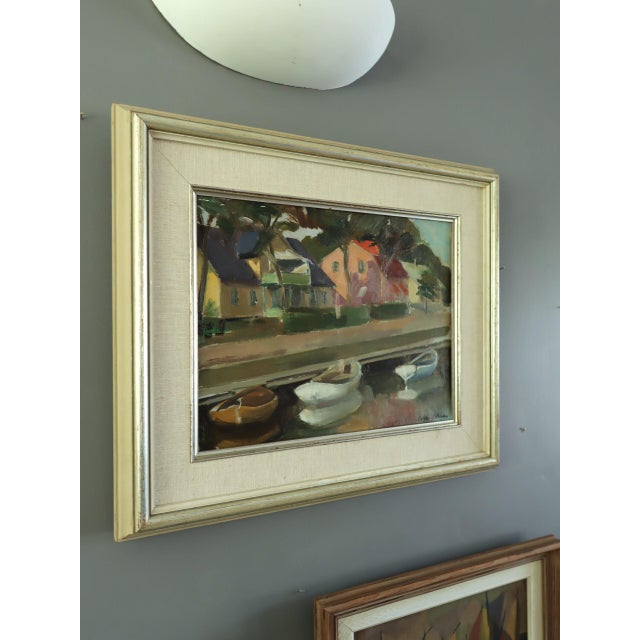 Mid-Century Modern 'Houses by the Canal' Swdish Expressionist Landscape Oil Painting, Framed For Sale - Image 6 of 12